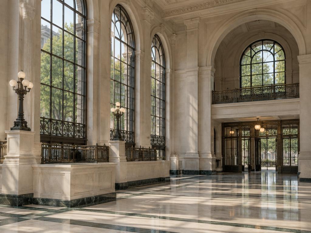 Illustrative classical bank interior with tall windows