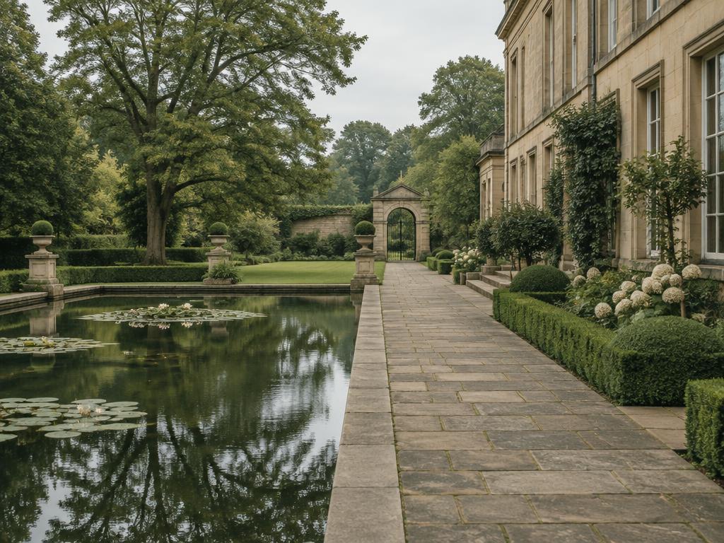 Illustrative quiet garden beside classical architecture